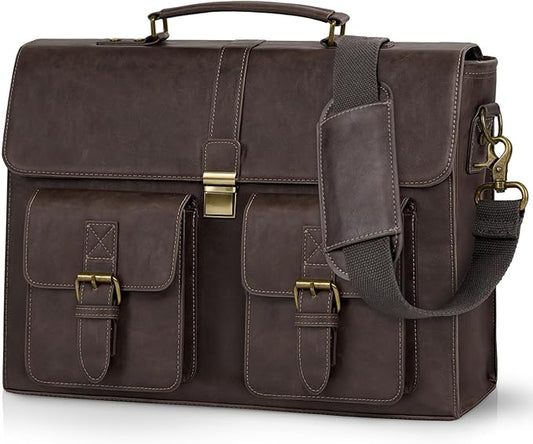 RAINSMORE Mens Messenger Bag 15.6 Inch Leather Vintage Laptop Briefcase Waterproof Computer Laptop Bag Leather Satchel Bag Large Shoulder Bag for Office Work Travel College, Coffee
