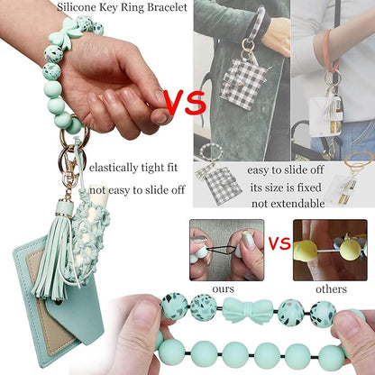 BIHRTC Silicone Key Ring Bracelets Wristlet Keychain Wallet with Net Chapstick Holder for Women