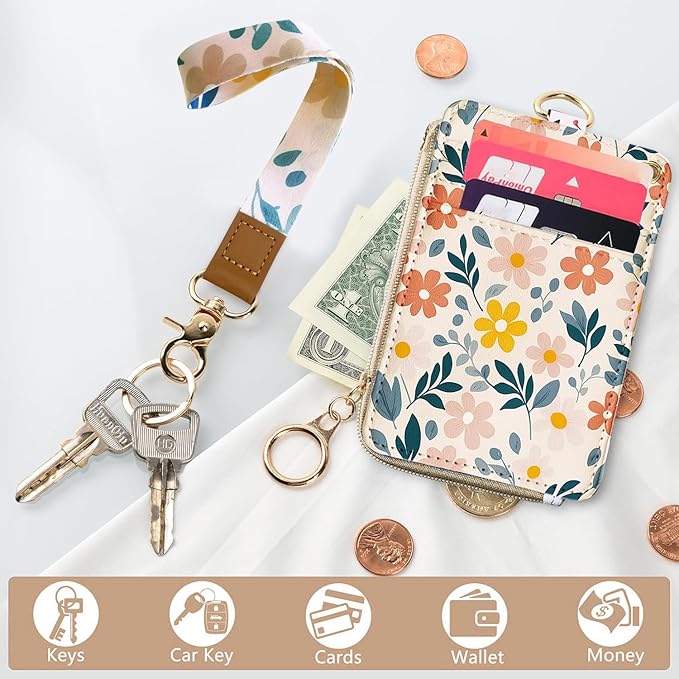 2-in-1 Cute Lanyard Wallet & ID Badge Holder for Women, Leather ID Name Badge Card Holder with Zip ID Case Breakaway Wristlet & Neck Lanyard for Offices, Teacher, Students, Employees (Florals)