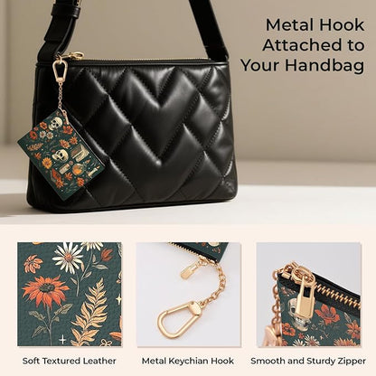 Halloween Goth Skull Keychain Coin Purse for Women, Vintage Gothic Skeleton Flower Book Small PU Leather Change Pouch, Zipper Little Tiny Travel Girls Wallet, Zip Pocket Key Ring Coin Holder