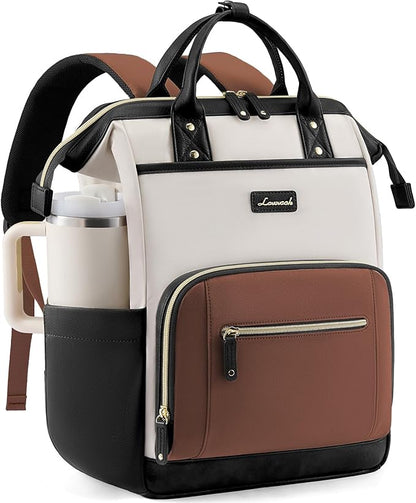 LOVEVOOK Laptop Backpack for Women with Giant Tumbler Holder,15.6 inch Professional Nurse Teacher Backpack Computer Laptop Bag,Cute Waterproof Travel Backpack Purse Work College Bag, Beige-Black-Brown
