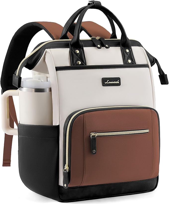 LOVEVOOK Laptop Backpack for Women with Giant Tumbler Holder,17 inch Professional Nurse Teacher Backpack Computer Laptop Bag,Cute Waterproof Travel Backpack Purse Work College Bag, Beige-Black-Brown