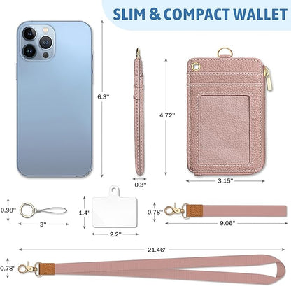 Lanyard Wallet with ID Badge Holder, Keychain RFID Wallet Women Small Wristlet, Slim Credit Card Holder Case with Phone Lanyard Wrist Strap Zipper Minimalist Pocket Name Tag Woman Office Teacher Gift