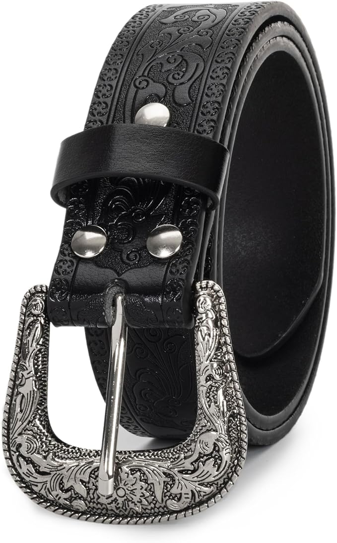 Mealah Vintage Western-Cowboy-Belt for Women Men - Carved Buckle PU Leather Waist Belts (for Waist 28"-38")
