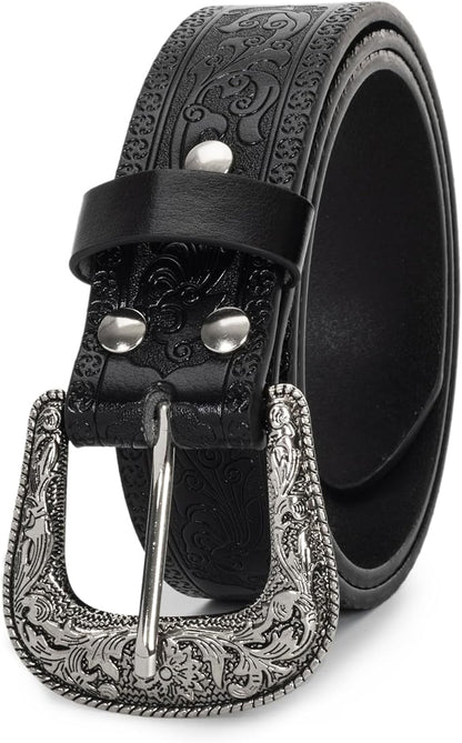 Mealah Vintage Western-Cowboy-Belt for Women Men - Carved Buckle PU Leather Waist Belts (for Waist 28"-38")