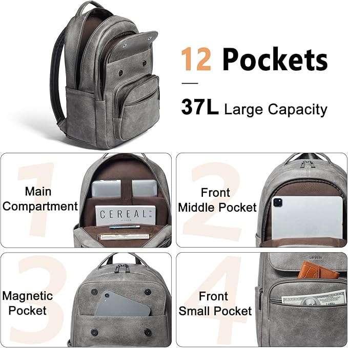 Leresas 37L Backpack Purse for Women Mens for Work Travel Back Pack Purses Vegan Leather Back Pack Fashion Laptop Computer Bag Dark Grey