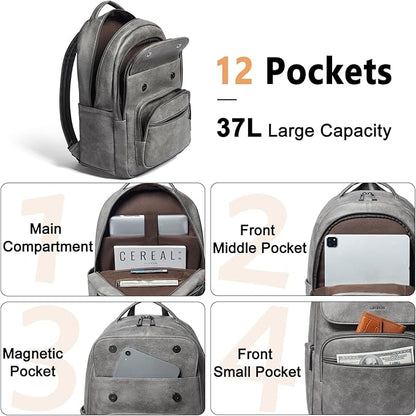 Leresas 37L Backpack Purse for Women Mens for Work Travel Back Pack Purses Vegan Leather Back Pack Fashion Laptop Computer Bag Dark Grey