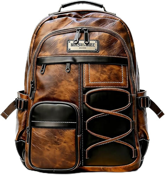 CHAO RAN Men Leather Backpack Waterproof Laptop Backpack Travel Business College Work Bag Fits Up To 17 Inch Laptop Brown