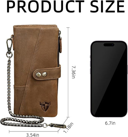 Genuine Crazy Horse Leather Travel Gift Coin Pocket Card Case Long Organizer Chain Rfid Wallet Purse With Snap For Men Male 1803 1815 (1803 Brown 26b)