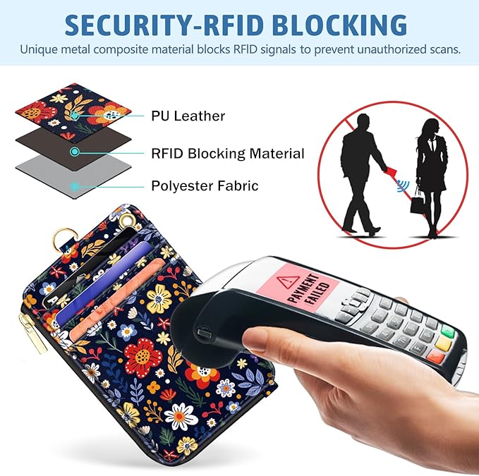 Piefly Flowers Lanyard Wallet with ID Badge Holder, Floral Small RFID Wallets Women Keychain Wristlet, Slim Credit Card Holder with Zipper Pocket Phone Lanyard Wrist Strap Name Tag Office Teacher Gift
