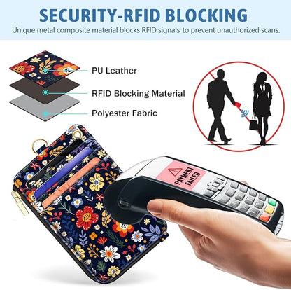 Piefly Flowers Lanyard Wallet with ID Badge Holder, Floral Small RFID Wallets Women Keychain Wristlet, Slim Credit Card Holder with Zipper Pocket Phone Lanyard Wrist Strap Name Tag Office Teacher Gift