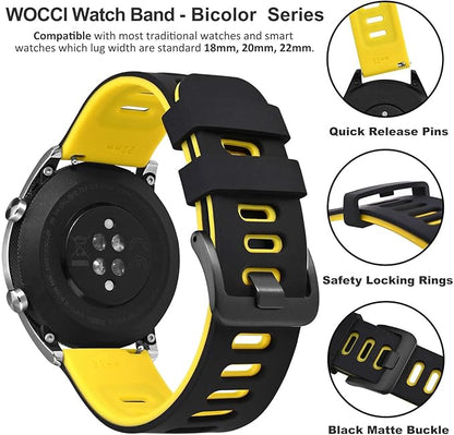 WOCCI 22mm Bicolor Watch Band, Silicone Rubber, Quick Release Replacement Strap for Men and Women, Black Stainless Steel Buckle (Black-Yellow)