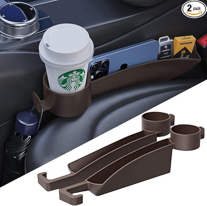 Car Seat Gap Plug with Storage Slot, Auto Gap Filler Organizer with Cup Holder, Universal Carseat Side Gap Filler Strip 2 Pack Between Front Seats & Console, Anti-Drop Pad with Seatbelt Holes, Brown