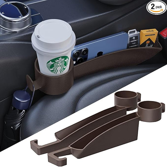 Car Seat Gap Plug with Storage Slot, Auto Gap Filler Organizer with Cup Holder, Universal Carseat Side Gap Filler Strip 2 Pack Between Front Seats & Console, Anti-Drop Pad with Seatbelt Holes, Brown