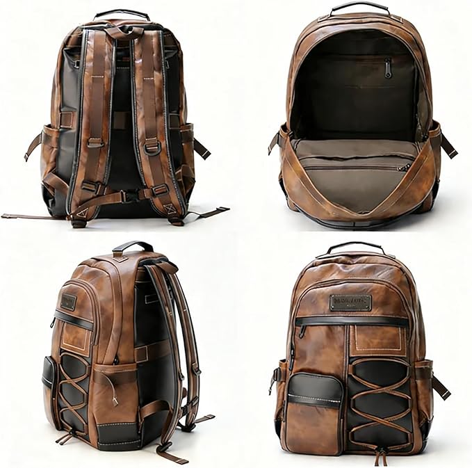 CHAO RAN Men Leather Backpack Waterproof Laptop Backpack Travel Business College Work Bag Fits Up To 17 Inch Laptop Brown