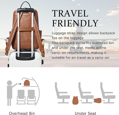 Leather Laptop Backpack for Women,Leather Backpack with Laptop Compartment Fit 15.6 inch Laptops,Carry-on Travel Backpacks,Casual Daypack for Work Business Weekender College,Brown