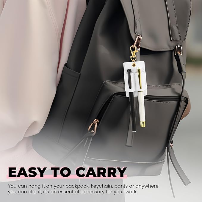 LELE LIFE 4 Pack Double Pen Holder for Lanyard, Anti-Lost Pen Clip for Retractable Badge Reel & Neck Lanyard, Pocket PU Leather Keychain for Nurse Clerk, White