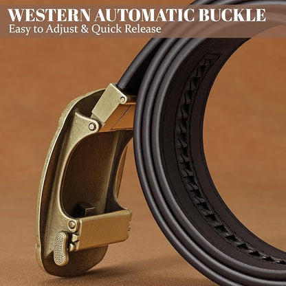 SANSTHS Western Cowboy Ratchet Belts for Men Women Leather Cowboy Belt with Automatic Western Buckle for Jeans Gifts