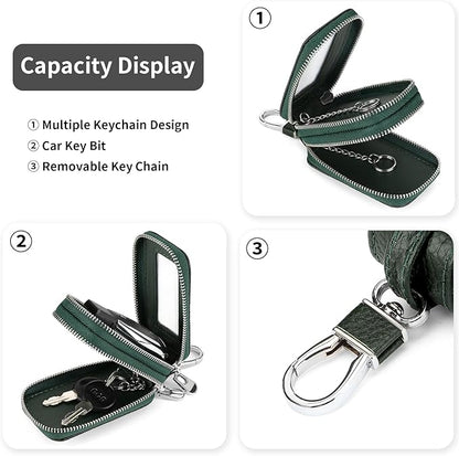 SENDEFN Car Key Fob Case Double Zipper Leather Smart Remote Keychain Protector Holder with Transparent Window