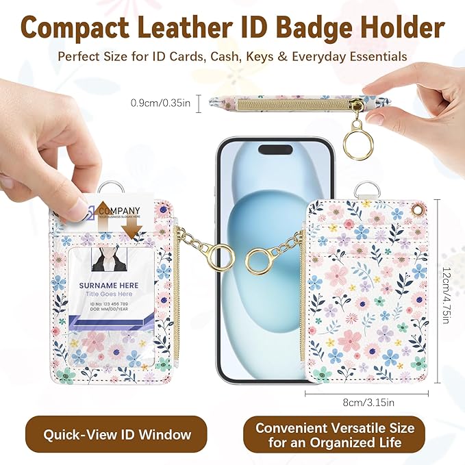 Flower Leather Badge Holder with Zipper Pocket, Beautiful Work Lanyards and 1 Zip Pocket, 4 Card Slots, Breakaway Lanyards with Metal Clasp for Offices, Staff, Adult, Employees