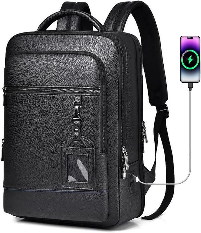 CHAO RAN Leather Laptop Backpack for Men Fit 15.6 Inch Laptop, Business Work Office College Medium Backpack with USB Charging Port, Waterproof Black Travel Bag (Black03)