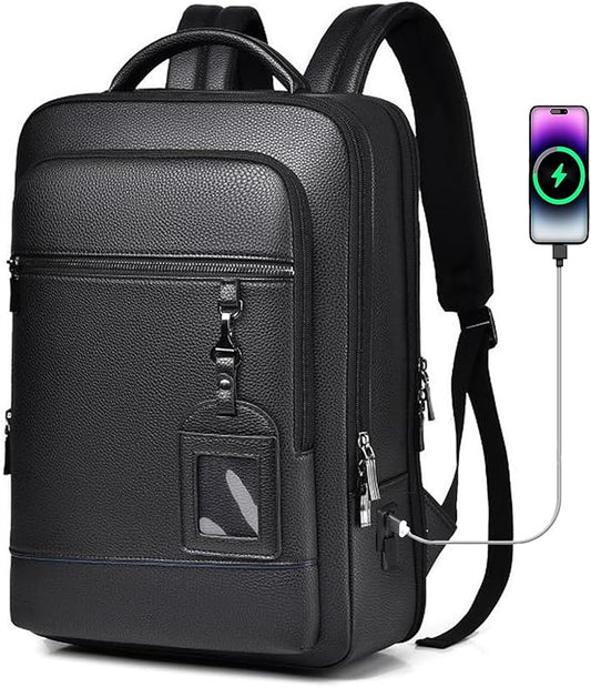 CHAO RAN Leather Laptop Backpack for Men Fit 15.6 Inch Laptop, Business Work Office College Medium Backpack with USB Charging Port, Waterproof Black Travel Bag (Black03)