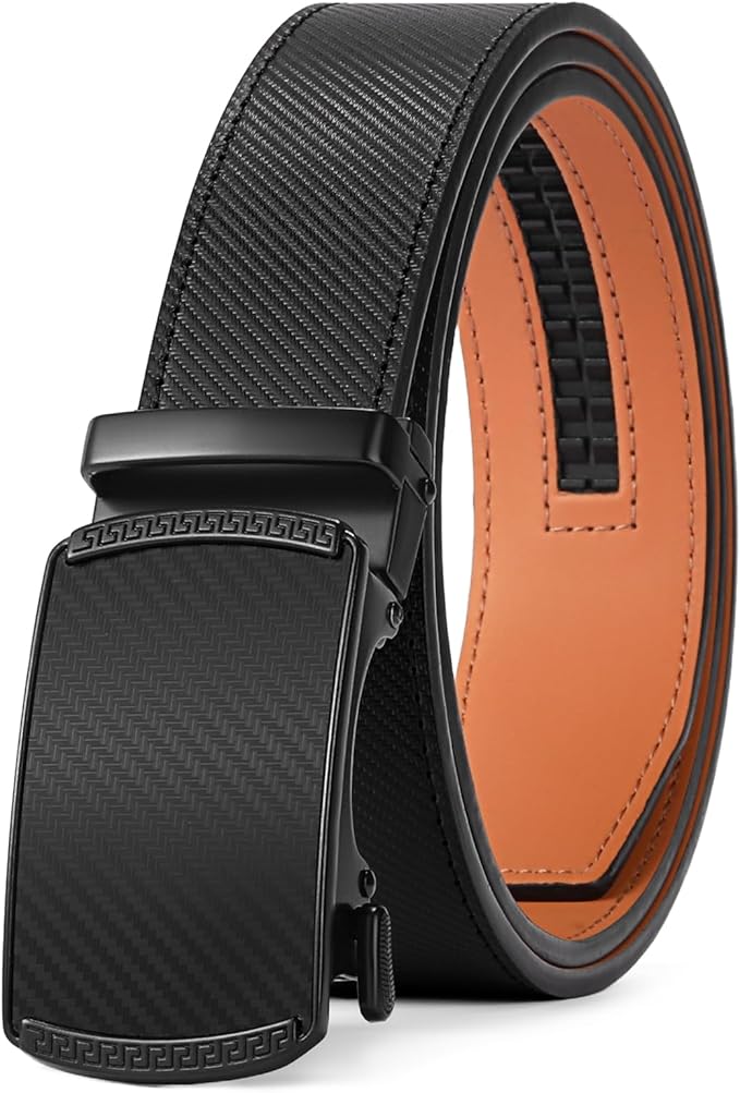 SENDEFN Men's Leather Belt - Automatic Ratchet Slide Buckle, Easy Trim-to-Fit Function, Packaged with Gift Box