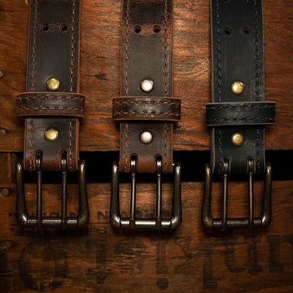 Men’s Classic Leather Belt, Double Prong Retro Style, Antique Brass Buckle, 1 ½” Width, Amish handmade in the USA