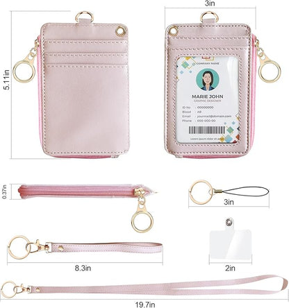 Bolimoss 2-in-1 ID Badge Holder & Lanyard Wallet, Credit Card Holders with Breakaway Wristlet & Neck Lanyard, Leather ID Name Badge 5 Card Slots Zipper Purses for Offices, School, Driver Licence
