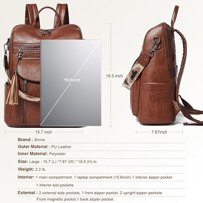 Shrrie Laptop Backpack for Women 15.6 inch,Travel Leather Backpack Purse Nurse Teacher Carry on Backpack Computer Bag,Professional Water-Resistant College Business Work Casual Daypack,Chocolate Brown