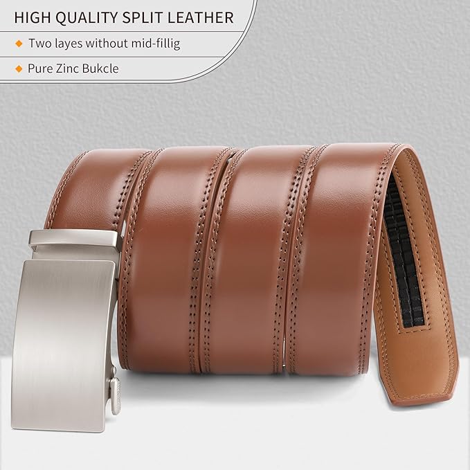 SENDEFN Men's Leather Belt Automatic Ratchet Buckle Slide Belt for Dress Casual Trim to Fit with Gift Box