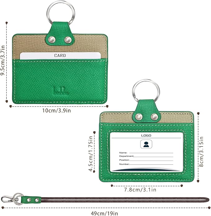 Badge Holder: Boshiho Cowhide Leather ID Badge Card Holder with 19" Neck Lanyard, Horizontal Style (Green-Gray)
