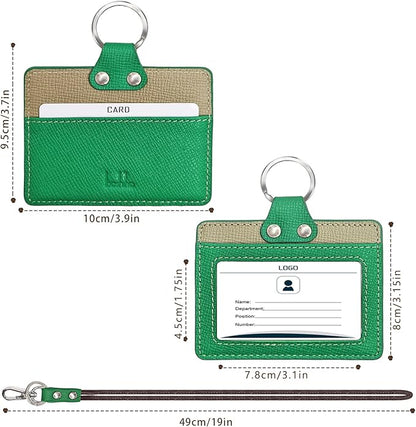 Badge Holder: Boshiho Cowhide Leather ID Badge Card Holder with 19" Neck Lanyard, Horizontal Style (Green-Gray)