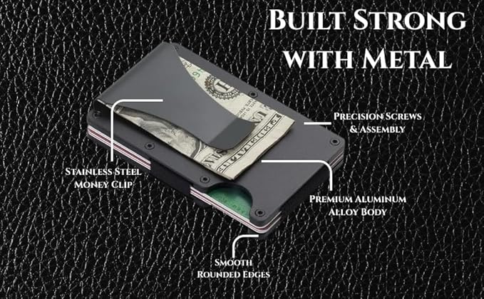 Leatherboss Wallet for Men RFID Blocking Minimalist Metal Card Holder with Money Clip Holds Credit Cards and Cash (Black)