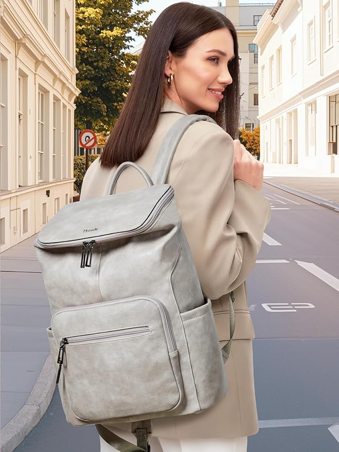 Leather Laptop Backpack for Women, 15.6 Inch Travel Backpack with Laptop Compartment, Casual Daypack Fashion Travel Backpack Purse for Travel College Work, Grey