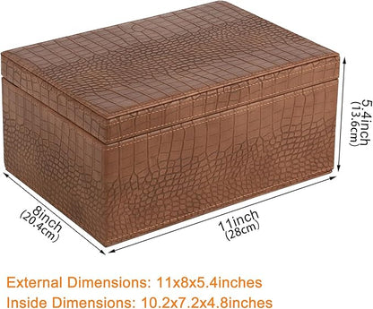 HofferRuffer Faux Leather Decorative Box, Large Wooden Structure Keepsake Box Accessory Organizer Jewelry Organizer with Hinged Lid, Storage Container for Home or Office (CrocoBrown)