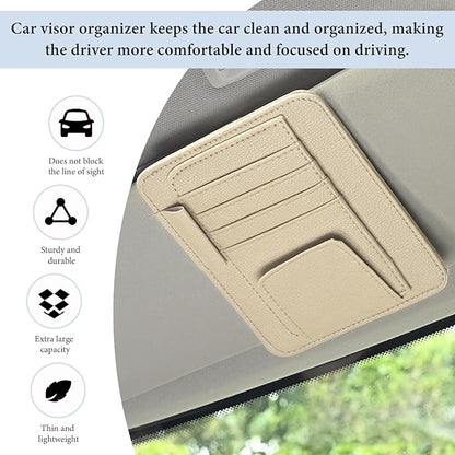 Small Leather Car Sun Visor Organizer, Auto Visor Pouch Card Sleeve Pocket with Sunglasses Clip, Multifunctional Sunvisor Wallet Holder for Driving License Pen Tickets (Beige)