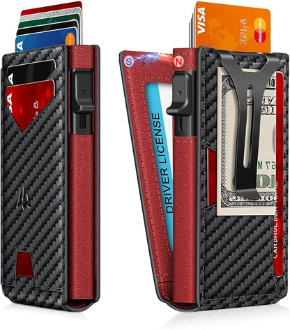 Wallet for Men, Slim Minimalist Wallet with Money Clip＆ID Window, RFID Blocking Pop-Up Credit Card Holder, Smart Auminum Mens Wallet Holds 9-13 Cards (Gift Box) (Carbon Fiber & Red)