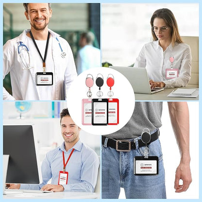 Badge Holder and Retractable Reel with Lanyard, Hard Plastic Key Card Work Badge Sleeve for Office School Factory Teacher Women Men (Red, Vertical)