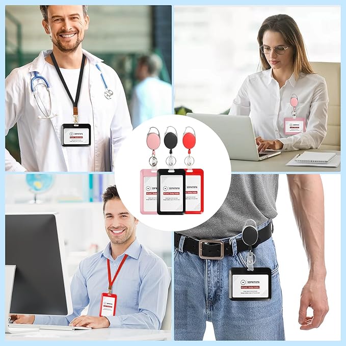 ID Badge Holder with Clip Badge Reels Retractable Heavy Duty Id Card with Carabiner Badge Reel with 24 inches Pull Cord for Office, School, Factory, Teacher (Black, Horizontal)