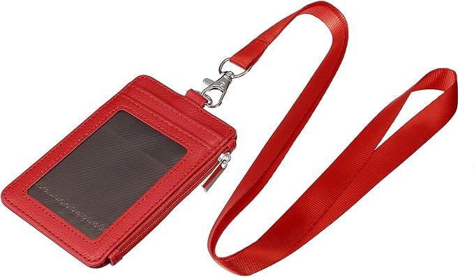 MECCANIXITY ID Badge Holders with Lanyard, Vertical PU Leather 5 Card Slots Zipper Portable Wallet Clear Window for Office, Red