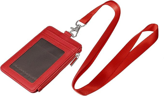 MECCANIXITY ID Badge Holders with Lanyard, Vertical PU Leather 5 Card Slots Zipper Portable Wallet Clear Window for Office, Red