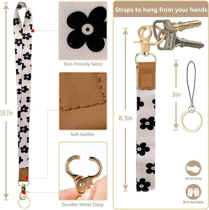 2-in-1 ID Badge Holder & Lanyard Wallet for Womens Cute Black Flower Leather Zip ID Case Wallet with Breakaway Wrist & Neck Lanyard, Clear Window, 5 Card Slots, Ring Keychain for Worker Teacher Nurse