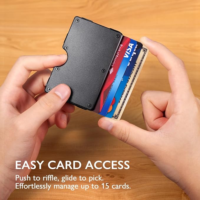 RUNBOX Slim Wallet for Men - RFID Blocking Metal Card Holder with Money Clip,Minimalist Thin Front Pocket Wallet, Holds 15 Cards,Gifts for Men,Men's Accessories