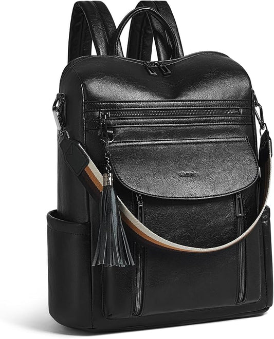 Shrrie Laptop Backpack for Women 15.6 inch,Travel Leather Backpack Purse Nurse Teacher Carry on Backpack Computer Bag,Professional Water-Resistant College Business Work Casual Daypack,Black