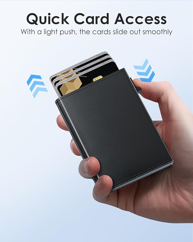 QLD Mens Wallet Card Holder - RFID Blocking Wallet for Men, Pop Up Aluminum Case, Trifold, Leather, Smart, Slim, Minimalist, Front Pocket - 9-11 Card Capacity | ID Window | Cash Slot