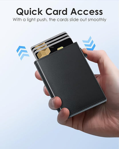QLD Mens Wallet Card Holder - RFID Blocking Wallet for Men, Pop Up Aluminum Case, Trifold, Leather, Smart, Slim, Minimalist, Front Pocket - 9-11 Card Capacity | ID Window | Cash Slot