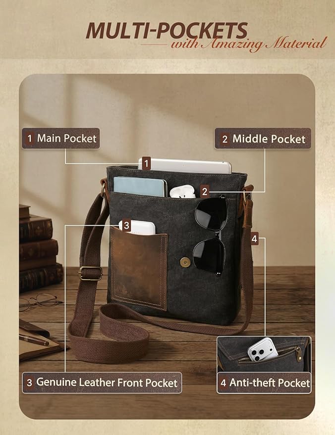 VASCHY Small Messenger Bag, Vintage Canvas Leather Lightweight Crossbody Bag