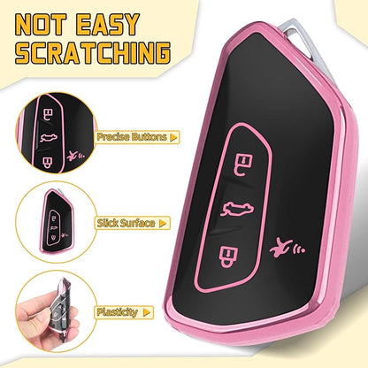 FT FUNTOR Key Fob Cover for Volkswagen,Soft TPU Full Protection Case Compatibale With VW Golf GTI Atlas Skoda Octavia ID3 ID4 MK8 (Pink, 4 Buttons)