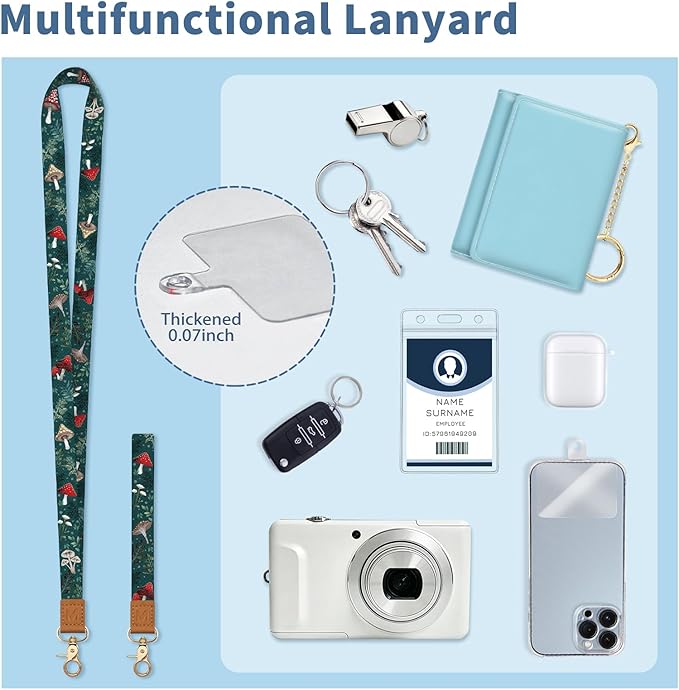 Lanyard Wallet with Id Badge Holder, Mushroom RFID Small Keychain Wallet Women Wristlet, Cute Zipper Credit Card Holder Phone Wrist Neck Strap for Key Name Tag, Teacher Student Office Gifts